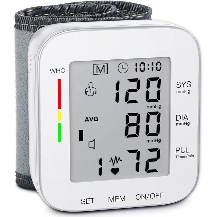 Tensiometru de incheietura, display LCD mare, 99x2 seturi memorie, Masurare Duala, transmisie vocala, precizie ridicata, pentru uz casnic, Validat Clinic, Manseta Reglabila, Portabil, Alb