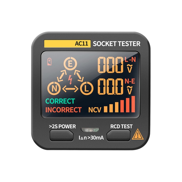 Tester de prize, Axroad Mall, Afisaj color VA, Protectie impotriva scurgerilor, Identificarea liniei de foc zero, Oprire automata, Detectare fara contact, Butonul de testare RCD, 64.5 x 64.5 x 58.2mm, ABS, Negru