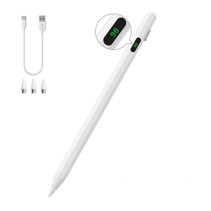Стилус iPad Pen, за таблет Apple iPad, бързо зареждане, LED дисплей, Професионален, гладко писане, Без забавяне, Наклон, Съвместим с модели iPad след 2018 г., OUYLAF, Бял