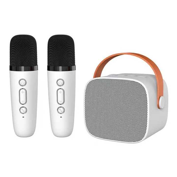 Комплект преносима колонка и 2 микрофона, Axroad Mall, Wireless, Bluetooth, Karaoke, Children and Adults, Dynamic, ABS, 85x65x75mm, Бял