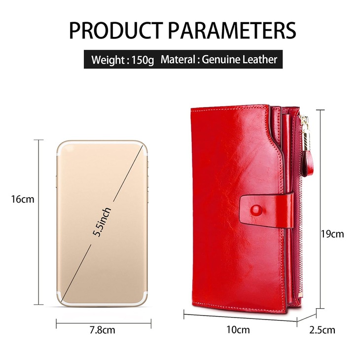 Portofel dama, Axroad Mall, Cu blocare RFID, Moale si neteda, Capacitate mare, Impermeabil si rezistent la uzura, Cu fermoar, Design cu compartimente multiple, Pentru cumparaturi si calatorii, Piele, 10 x 2.5 x 19cm, Rosu