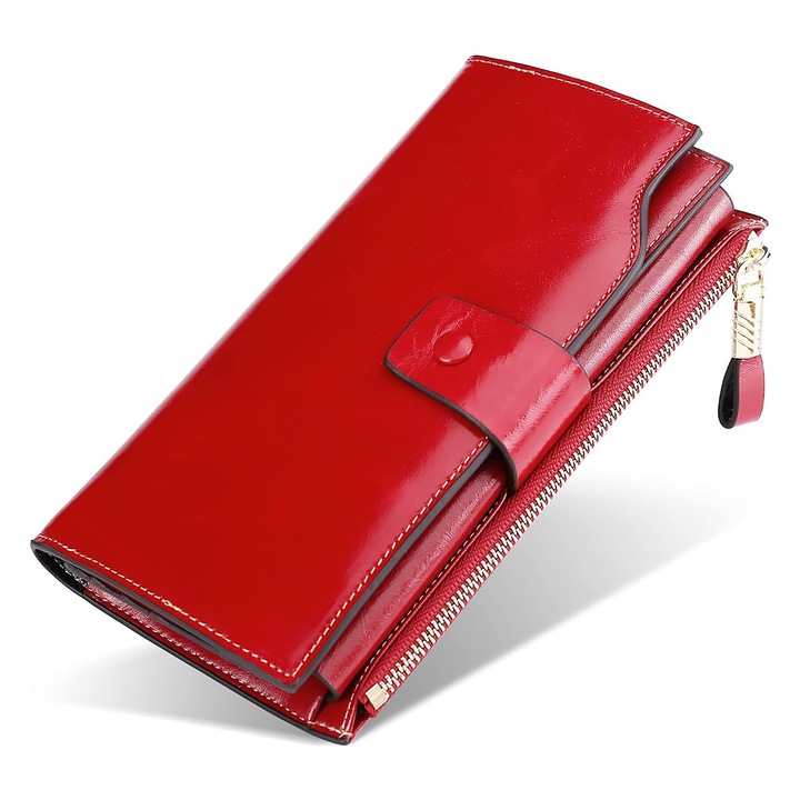 Portofel dama, Axroad Mall, Cu blocare RFID, Moale si neteda, Capacitate mare, Impermeabil si rezistent la uzura, Cu fermoar, Design cu compartimente multiple, Pentru cumparaturi si calatorii, Piele, 10 x 2.5 x 19cm, Rosu