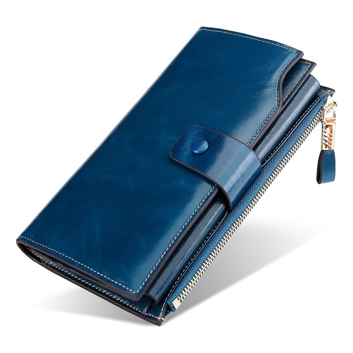 Дамски портфейл, Axroad Mall, с RFID блокиране, мек и гладък, голям капацитет, водоустойчив и устойчив на износване, с цип, дизайн с множество отделения, за пазаруване и пътуване, кожа, 10 x 2,5 x 19 cm, син