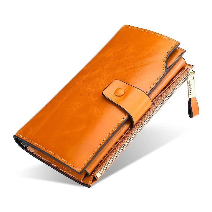 Дамски портфейл, Axroad Mall, с RFID блокиране, мек и гладък, голям капацитет, водоустойчив и устойчив на износване, с цип, дизайн с множество отделения, за пазаруване и пътуване, кожа, 10 x 2,5 x 19 cm, кафяв