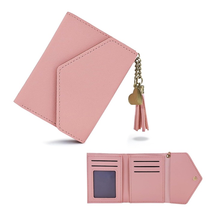 Portofel dama, Axroad Mall, Pandantiv in forma de inima si ciucuri, impermeabil, Usor de transportat, Simplu si rafinat, cu mai multe compartimente, Pentru cumparaturi, petreceri sau pentru a merge la serviciu, PU, 11.5 x 9.5 x 2cm, Roz