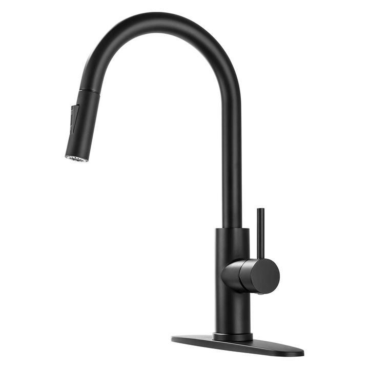 Смесител за кухня с изтеглящ се душ, Axroad Mall, Едноръкохватков, 2 функции за пръскане, въртящ се, въртене на 360°, висок чучур, тип C, Лесен за монтаж, Неръждаема стомана, 39 x 25 x 6,5 cm, Черен