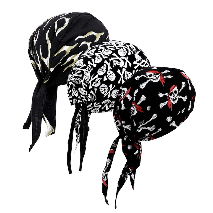 Комплект от 3 бандани Durag, шарка на череп, Allizban®, унисекс, памук/полиестер, универсален размер, многоцветни