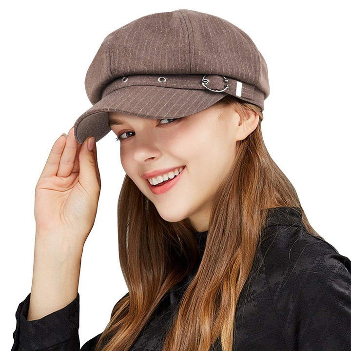 Дамска шапка, тип барета, Allizban®, с щампа на райе, памук/полиестер, кафява