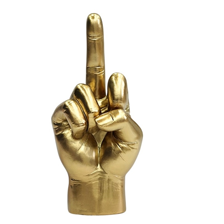Смешна скулптура Mindblower, Смола, със вдигнат пръст, златист, смел дизайн Идеален за тези, които обичат нетрадиционните декорации и искат да внесат нотка хумор в своето пространство