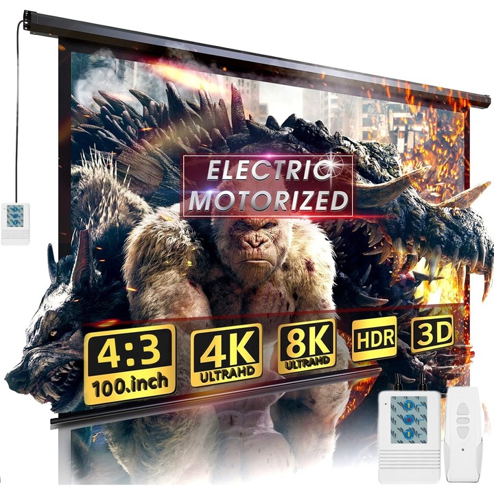 Електрически HD прожекционен екран, GOSTOCK®, 1080P/3D поддръжка, 4K Cinema Level, идеален за домашно кино, на закрито/на открито, 100 инча, 4:3, черен