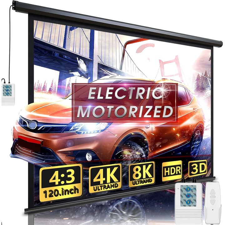 Електрически HD прожекционен екран, GOSTOCK®, 1080P/3D поддръжка, 4K кино ниво, Идеален за домашно кино, Вътрешен/външен, 120 инча, 4:3, Черен