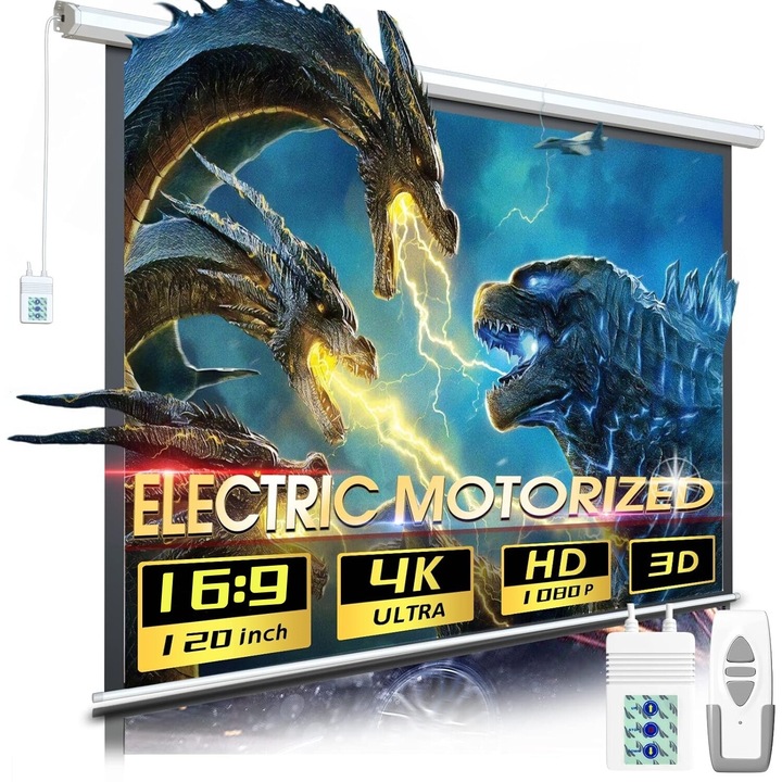 Електрически HD прожекционен екран, GOSTOCK®, 1080P/3D поддръжка, 4K ниво на кино, Идеален за домашно кино, Вътрешен/външен, 120 инча, 16:9, Бял