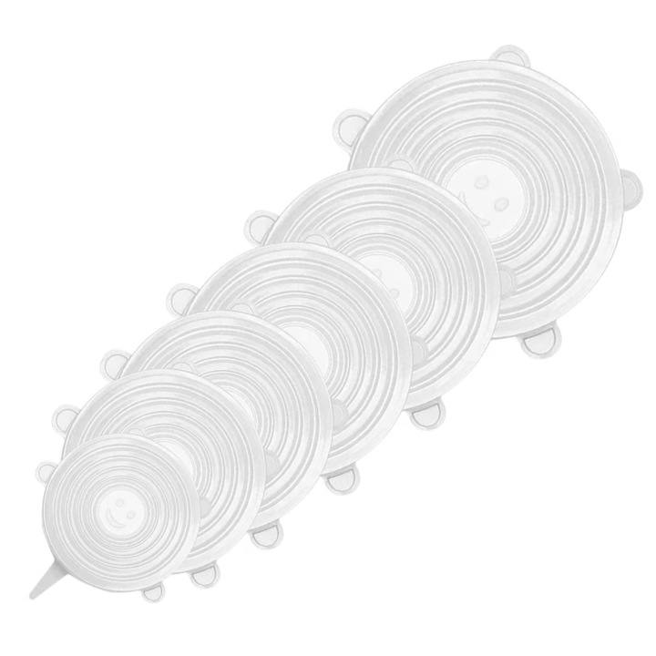 Set 6 Capace din Silicon, Reutilizabile, Elastice, Transparent, Diverse Dimensiuni