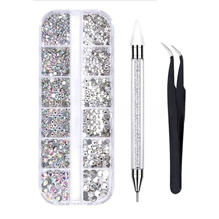 Set cu strasuri pentru nail art, 1440 bucati, 12 dimensiuni, argintie AB, unelte incluse