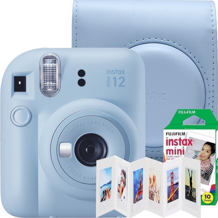 Комплект мигновени камери Fujifilm Instax mini 12, пастелно синьо с покритие Fujifilm, 6-позиционна рамка Akyta и 1x10 филм