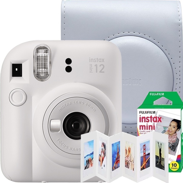 Комплект мигновена камера Fujifilm Instax mini 12, Clay White с покритие Fujifilm, 6-позиционна рамка Akyta и 1x10 филм