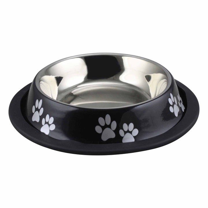 Bol pentru hrana animale cu suport gumat, model labute, diametru 15.5 cm, Negru