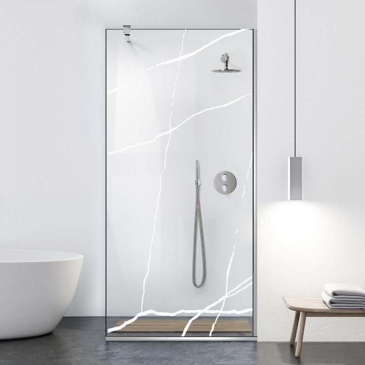 Paravan dus walk-in Aqua Class ® Inox, model Marble alb, feronerie full inox, sticla clara, securizata, 100x195 cm