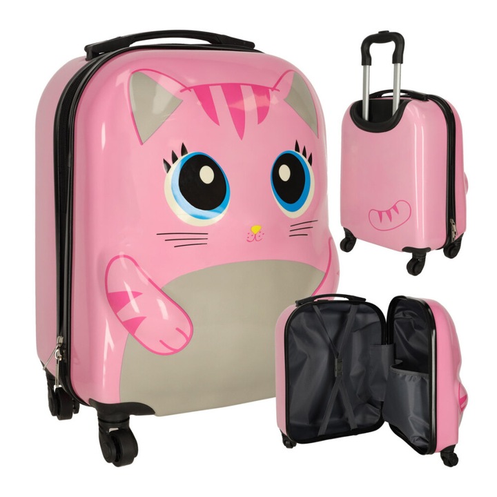 Utazó bőrönd gyerekeknek kerekekkel, macska modell, rózsaszín, 31 x 46 x 26 cm