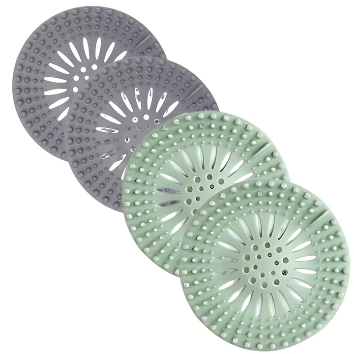Set 4 site din silicon pentru bucatarie si baie, 2 bucati gri si 2 bucati verzi, curatenie si igiena scurgerilor, prevenire blocaje, design durabil si flexibil