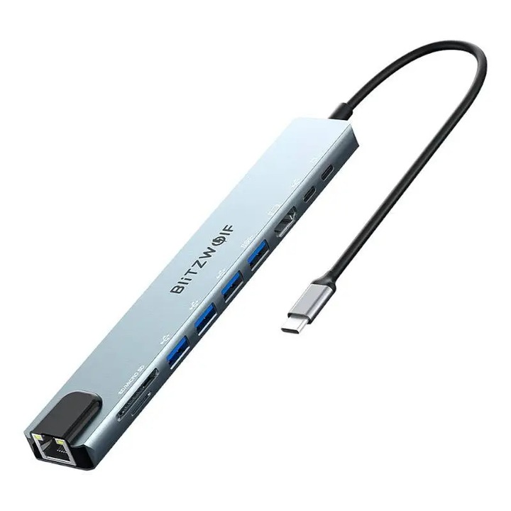 Statie de docare, Blitzwolf, Metal, 10 porturi, USB-C, 100w, HDMI/USB/RJ45, 195x30x11mm, Argintiu