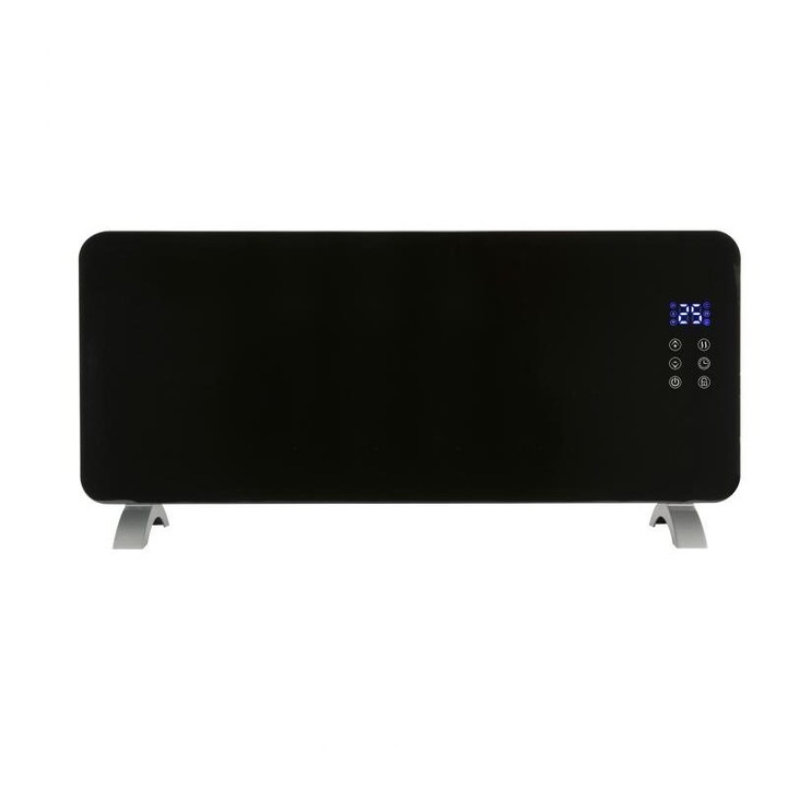 Convector Smart de podea sau perete, panou sticla, 2 trepte de incalzire 1000 W / 2000 W, IPX4, 92 x 43 x 24 cm, Termostat, Temporizator