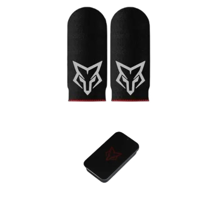2x kesztyűkészlet, ujjvédő Mobile Gaming Fox v6, Fibra Glass, Professzionális, izzadásgátló + fém tárolódoboz telefonhoz és tablethez, Pubg, Fortnite, Call of duty