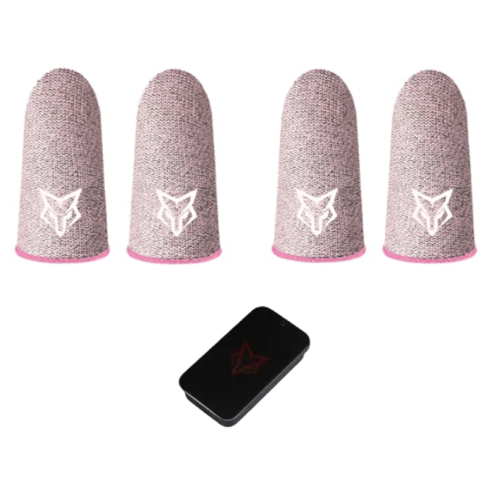 4x professzionális játék ujjvédő (kesztyű), Fox V4, szénszálas, izzadásgátló + fém tárolódoboz telefonhoz és táblagéphez, Pubg, Fortnite, Call of duty