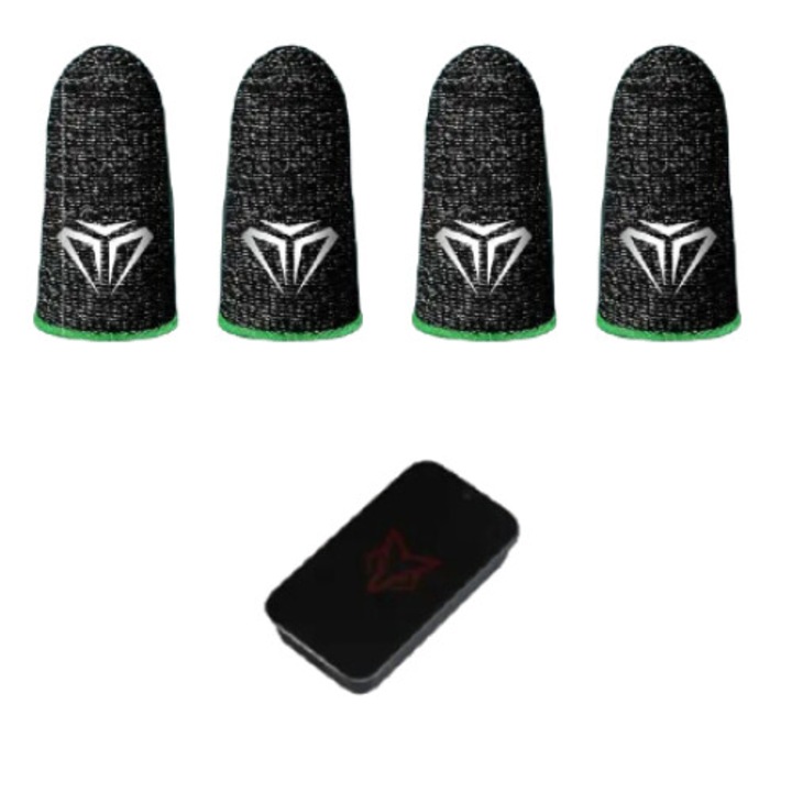 4x professzionális játék ujjvédő készlet, Spider modell, Superfine Silver Fiber, izzadásgátló zöld + fém tárolódoboz telefonhoz és táblagéphez, Pubg, Fortnite, Call of duty