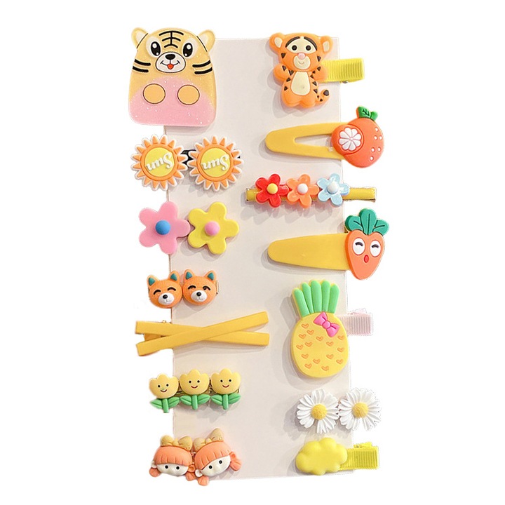 Комплект от 14 фиби за коса AnaCool за деца, щипки в различни модели и цветове, фиби за момичета, силикон/смола, многоцветни, жълт тигър