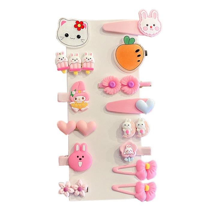 Комплект 14 фиби за коса AnaCool за деца, тип щипки в различни модели и цветове, фиби за момичета, силикон/смола, многоцветни, Hello Kitty бяло/розово