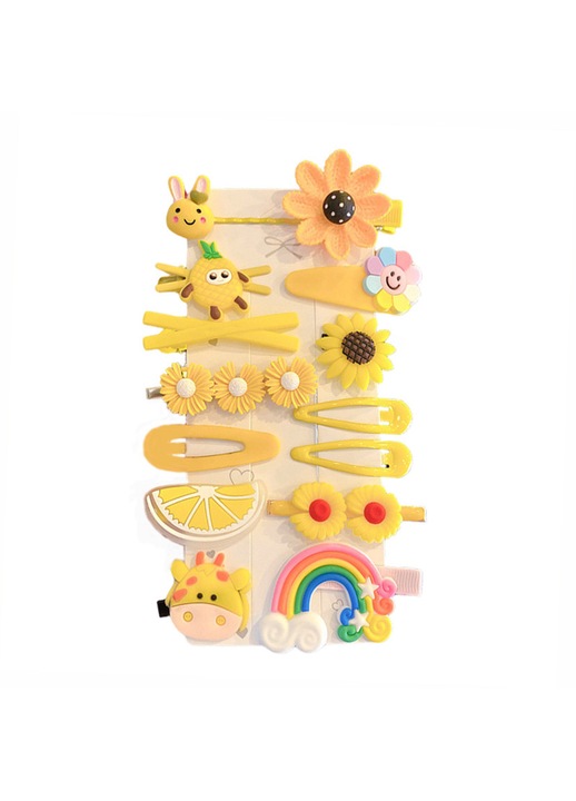Set 14 agrafe de par AnaCool pentru copii, tip cleme in diferite modele si culori, agrafe de par pentru fetite, Silicon/Rasina, Multicolor, Flori Galbene