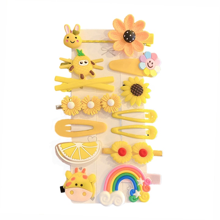 Set 14 agrafe de par AnaCool pentru copii, tip cleme in diferite modele si culori, agrafe de par pentru fetite, Silicon/Rasina, Multicolor, Flori Galbene