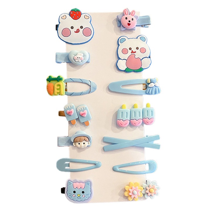 Set 14 agrafe de par AnaCool pentru copii, tip cleme in diferite modele si culori, agrafe de par pentru fetite, Silicon/Rasina, Multicolor, Ursulet Albastru