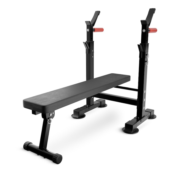 Banca de antrenament barbell PRO+, 4FIZJO, pliabil, economie de spati, ideal pentru sala de sport de acasa, stabil datorita celor 4 ventuze, manere antiderapante, greutate redusa, 120 × 65 × 102 cm, sarcina maxima 230 kg, Negru