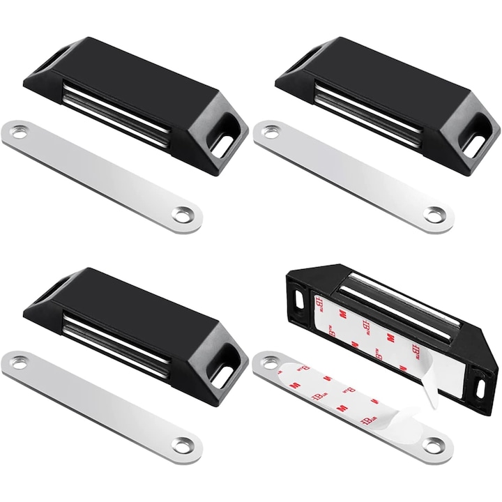 Set de 4 inchizatoare magnetice pentru mobila, Fier, Mat, Negru