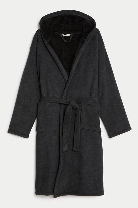 Marks & Spencer, Halat din fleece cu gluga, Negru, S