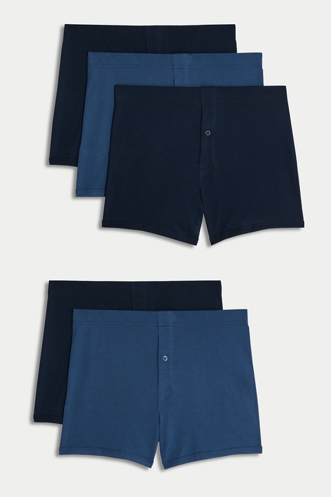 Marks & Spencer, Set de boxeri cu slit cu nasture - 5 perechi, Albastru deschis/Bleumarin