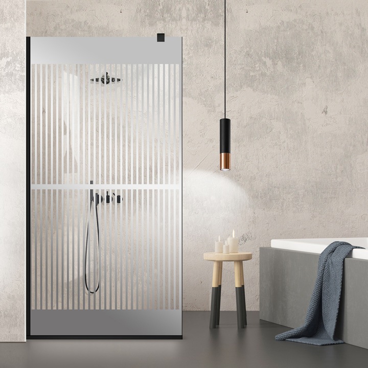 Paravan dus walk-in Aqua Roy ® Black, model Mediteran incolor, feronerie full inox negru mat, sticla 8mm clara, securizata, anticalcar, 70x195 cm