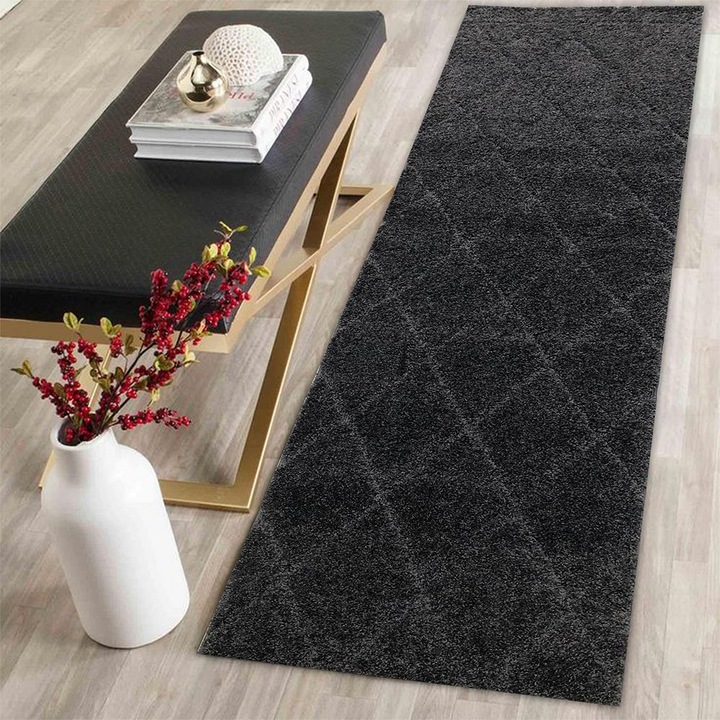 Covor traversa Shaggy, dreptunghiular, 80x300, tip ben ourain, gri inchis, polipropilena