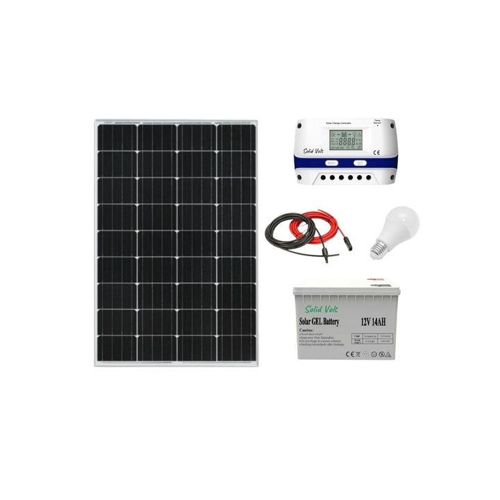 Sistem/kit fotovoltaic panou 70W, controller 20A, baterie 14Ah, conectori, cablu solar si bec led, camping, outdoor, rulota, iluminat, cabana, Solid Volt