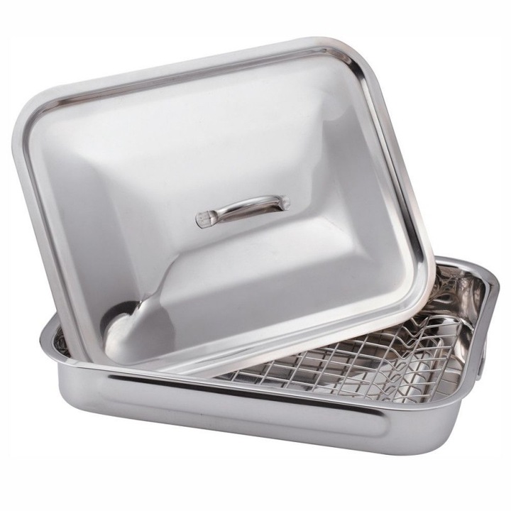 Tava din inox, pentru cuptor, cu grill si capac 37 x 28 x 6 cm