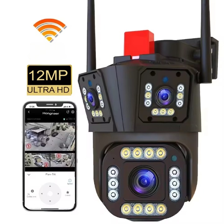 Тройна камера за наблюдение 4g Arvada motion DF-SHM, 12MP, Екстериор и интериор, Ultra HD, 4 мм фокус, 360 ротация, LED, Аларма, Сензор за движение на светлината, Двупосочна комуникация, Черен