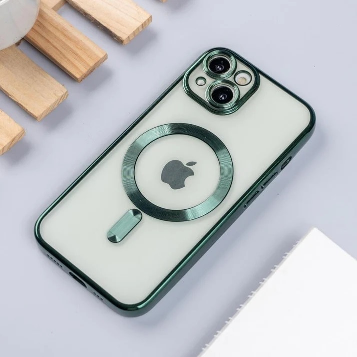 Husa din silicon cu margini metalizate Ultra-Soft, Luxury Magsafe, compatibila cu iPhone 15 / Verde