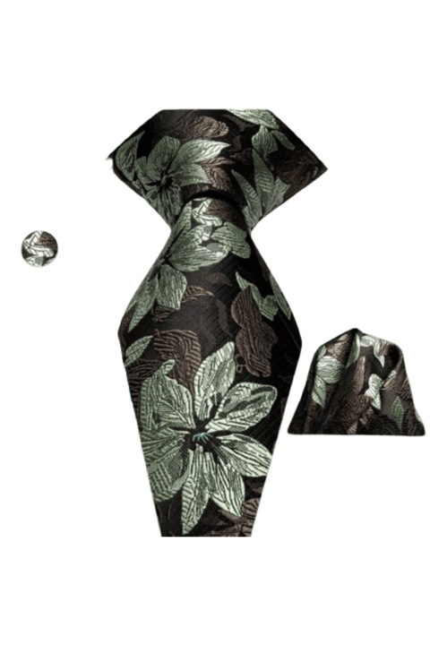 Set Cravata, Batista si Butoni, Culoare Verde Multicolor, 150 x 8.5 cm, Model Floral, 100% Matase