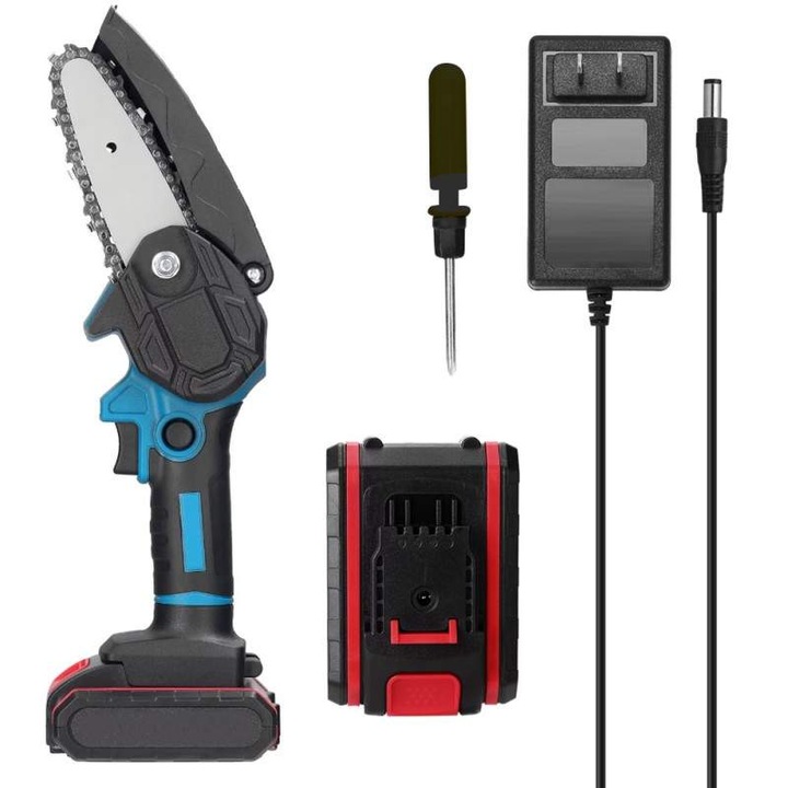 Mini Fierastrau Electric Profesional Portabil SIKS / Mini Drujba Cu Lant Pe Acumulator SIKS SDK6, Lama Si Lant De 6 Inch, Pas 1/4, 2 Acumulatori De 36V, Albastru