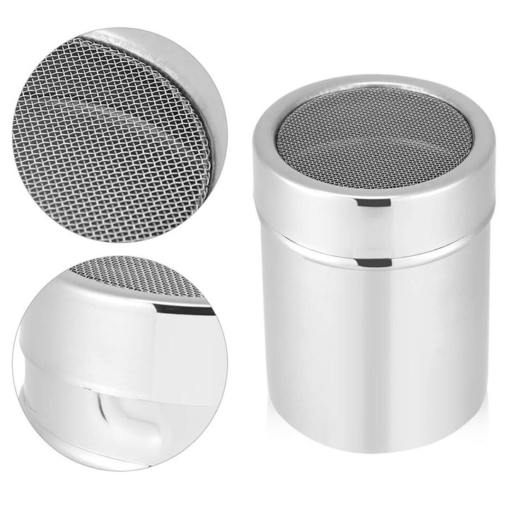 Sita de bucatarie, Zola, pentru zahar/cacao/condimente/piper/sare/ciocolata, din otel inoxidabil, tip shaker, 300 ml, 7x5.5x9 cm, argintiu