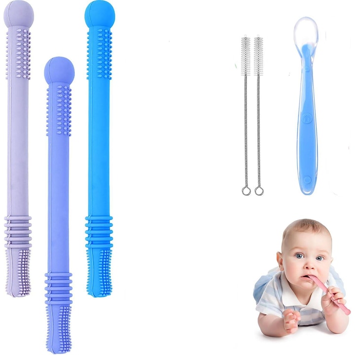 3 db babafogadó tubus készlet, BPA mentes élelmiszer minőségű szilikon, tisztítóeszközökkel, kanállal, Többszínű