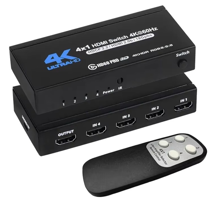 Comutator HDMI eRDX® – 4 In 1 Out, 4K 60Hz, Switch HDMI 2.0b, Telecomanda, Compatibil PS5 / Xbox / TV / Monitor / Proiector