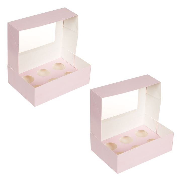 Set 2 cutii din carton roz cu fereastra pentru 6 cupcakes Antbro®, 24 x 17 x 7.5 cm